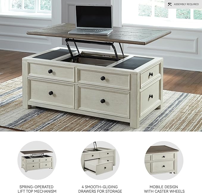 Signature Design by Ashley Bolanburg Farmhouse Lift Top Coffee Table with Drawers, Antique Cream & Brown