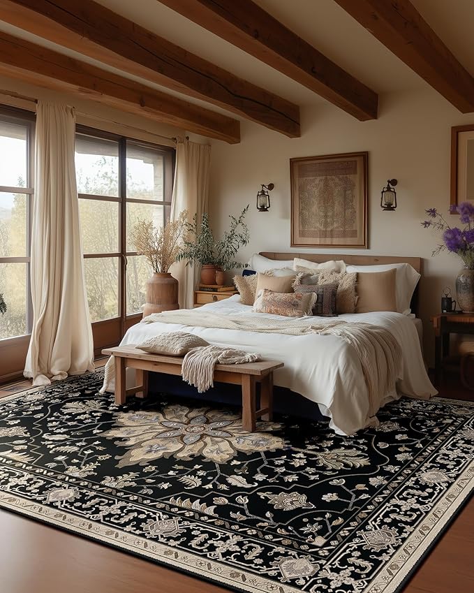 Area Rugs 9'x12' Washable Non-Slip, Floral Vintage Distress Print Pattern Medallion Carpet for Living Room Bedroom Dining Room, Black Brown Neutral Dark Tan