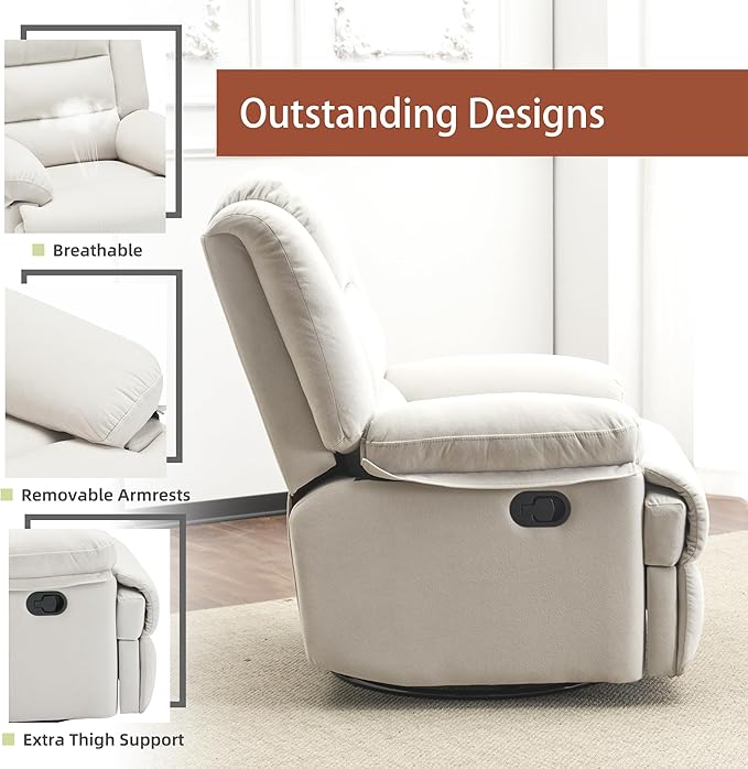 Swivel Rocking Recliner Chair for Adults, Overstuffed Manual Rocker Nursery Recliner Glider, Upholstered Fabric Reclining Single Sofa Chair for Living Room (Beige)