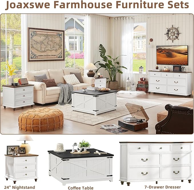 24" Wide Farmhouse Night Stand,Large End Table with 3 Drawers & Metal Handle,White Wood Dresser for Bedroom Cabinet, Bed Side Tabl·e Chest of Drawers,Nightstand for Living Room,Close