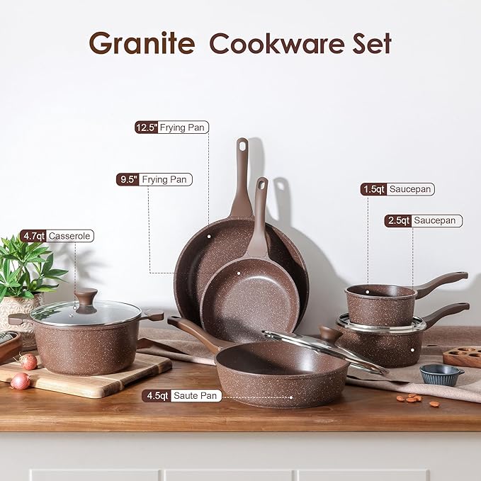 SENSARTE Nonstick Cookware Set 16-Piece, Healthy Pots and Pans Set, Non-stick Kitchen Cooking Set with Stay-Cool Handles, Silicone Utensils and Pot Protectors