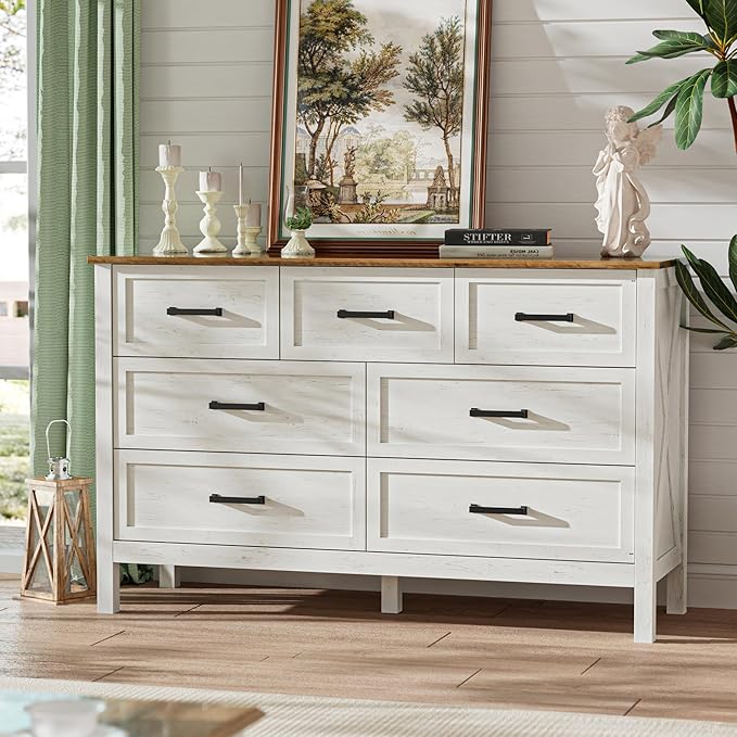 LYNSOM Farmhouse 7 Drawers Dresser for Bedroom, Wood Rustic Wide Chest of Drawers with Deep Drawers, Metal Handle, Storage Dressers Organizer for Entryway, Hallway, Antique White