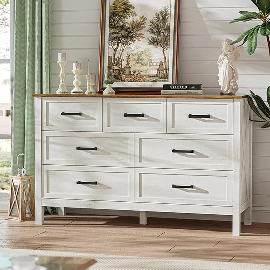 LYNSOM Farmhouse 7 Drawers Dresser for Bedroom, Wood Rustic Wide Chest of Drawers with Deep Drawers, Metal Handle, Storage Dressers Organizer for Entryway, Hallway, Antique White