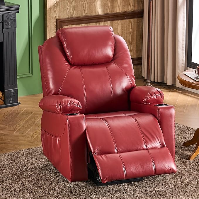 SALOHZA Power Lift Recliner Chair for Elderly with Massage and Heat for Living Room, Electric Recliner Chair for Adults with USB/Type C Port/Cup Holders, PU Faux Leather, Red