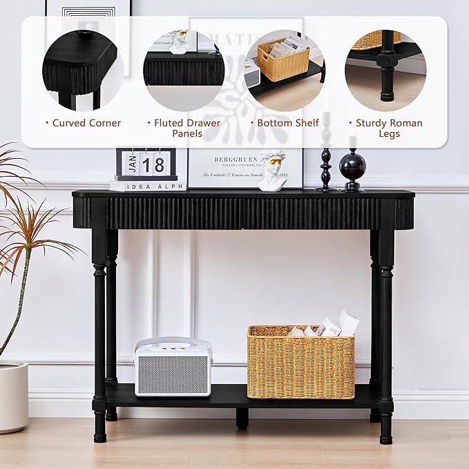 43.3”Console Table with 2 Drawers, Modern Retro Entryway Table with Fluted Panel & Storage Shelf, Narrow Wood Behind Couch Sofa Table for Living Room, Foyer, Hallway(Black)