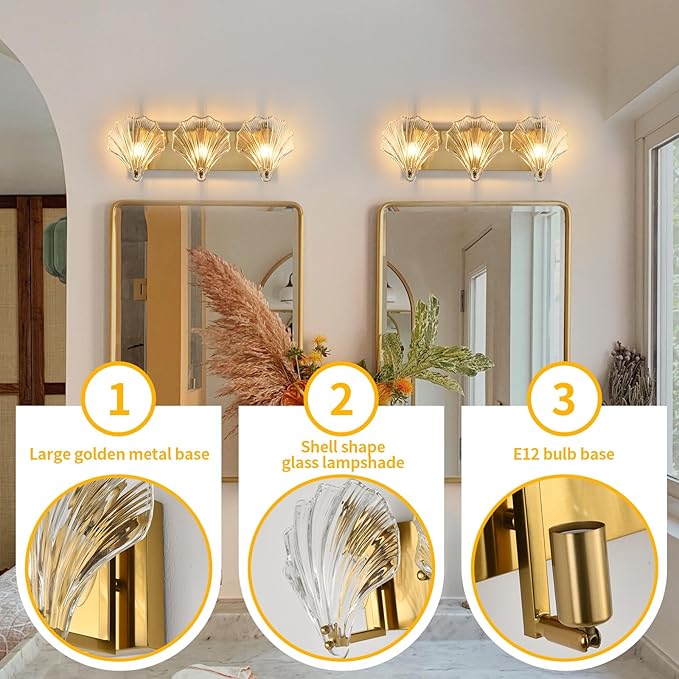 Bathroom Light Fixtures,3-Lights Vanity Lights Over Mirror,Modern Bathroom Wall Light with Clear Shell Shaped Glass Shades,Gold Wall Sconces for Bedroom Living Room Hallway Kitchen.