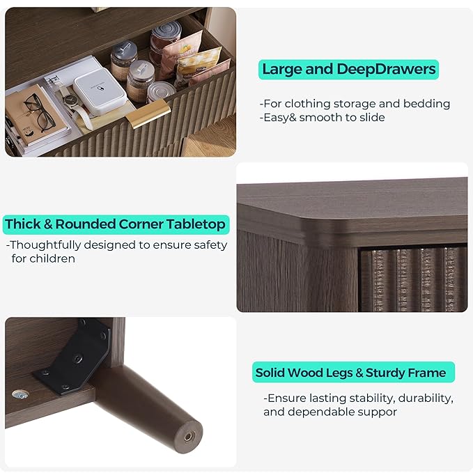 LINSY 5 Drawer Tall Dresser for Bedroom, Modern Fluted Wood Chest of Drawers with Gold Metal Handles, Wide Storage Dresser TV Stand for Bedroom, Living Room, Entryway, Walnut