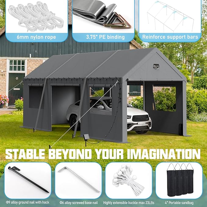 10x20 Carport Canopy, Heavy Duty Car Ports with Sidewalls, Portable Garage Carports with Roll Up Zipper End & Side Doors, Grey