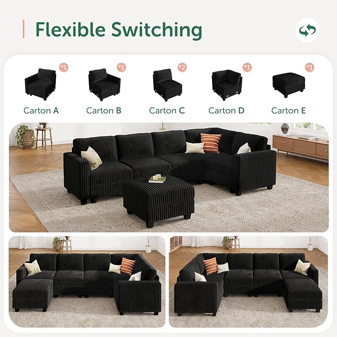 HONBAY Plush Corduroy Sectional Couch with 6 Seaters U-Shaped Modular Sectional Sofa with Storage Sectional Couches for Living Room, Black