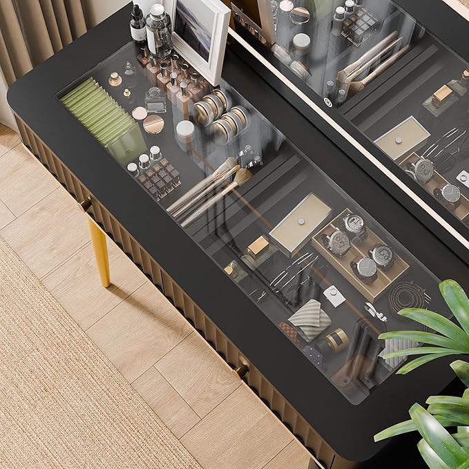 RECCI Fluted Vanity Desk with 36" Mirror and Lights, Makeup Vanity Desk with Glass Top, Dressing Table with 5 Drawers & Shelves, Wood Vanity Table for Bedroom(Black)