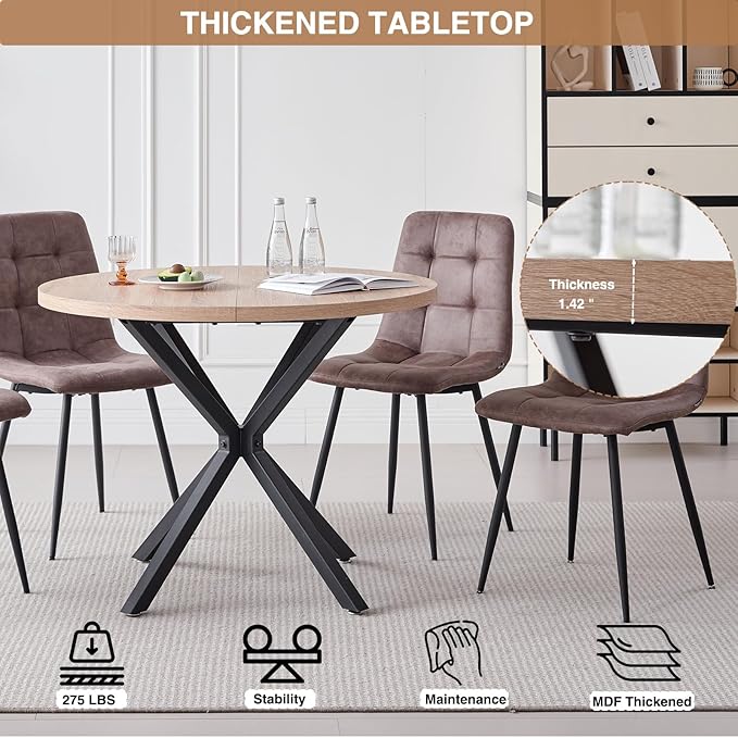 39" Round Dining Table Set for 4, Mid Century Kitchen Table with 4 Velvet Dining Chairs for Apartment Living Room Space Saving