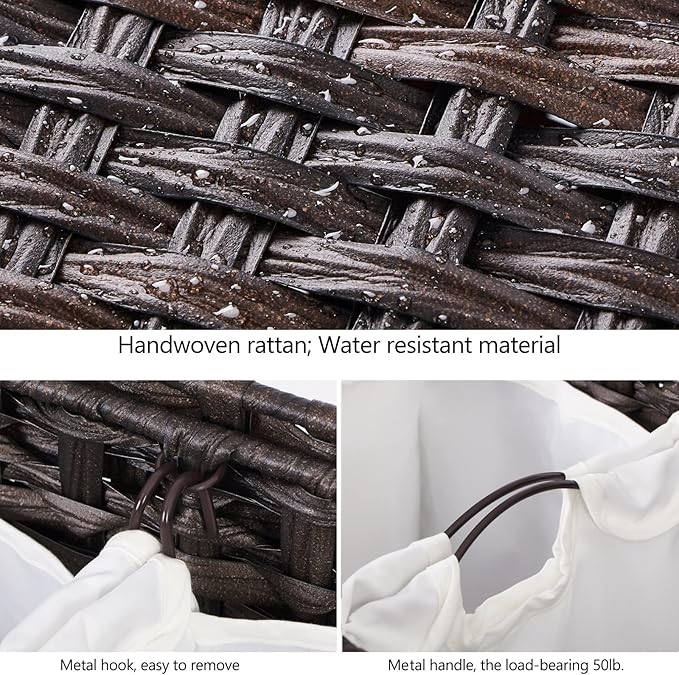 Laundry Hamper with 3 Removable Liner Bags; 132L Handwoven Rattan Laundry Basket with Lid & Heightened Feet; Clothes Hamper with Side Handles; Laundry Sorter with 3 Separate Sections (Brown)