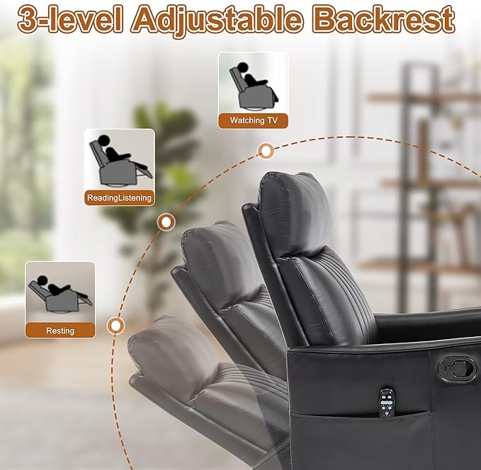 Manual Swivel Rocker Recliner Chair for Adults, Overstuffed Recliner Glider with Massage and Heat, Living Room Reclining Chair, PU Leather Black
