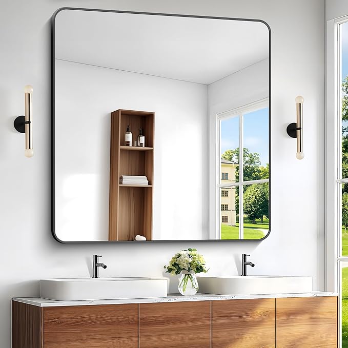 BONEWEI 48x48 inch Bathroom Mirror,Black Rectangle Mirror,Wall Mounted Bathroom Frame Vanity Mirror with Round Corner for Bedroom Living Room,Entryway Hangs Horizontal or Vertical