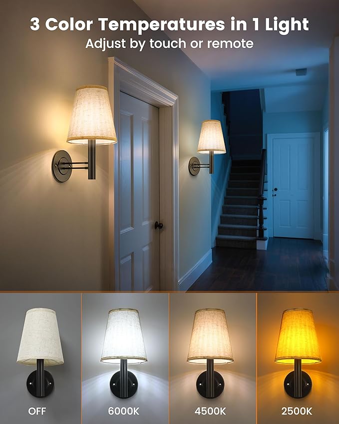 Rechargeable Battery Operated Wall Sconce Set of 2, Wireless LED Wall Lights with Remote & Touch Control, Wall Mounted Lamp Lighting Fixtures Decor for Bedroom Living Room, Matte Black