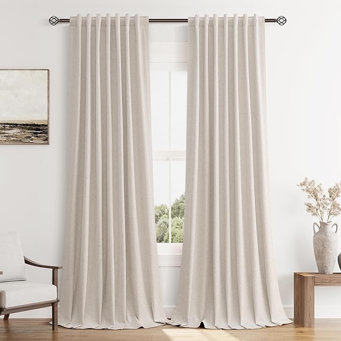 Guken Linen Blackout Curtains 102 Inch Length 2 Panels Set for Living Room Bedroom Back Tab Thermal Insulated 100% Black Out Linen Drapes Room Darkening Window Curtains 102 Inches Long, Sand Beige