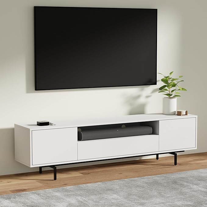 Norrhaus 75-Inch Modern TV Stand – White Finish, 20-Inch Height, No Tools Assembly Technology, Storage Cabinets with Center Channel Speaker Shelf, Mid-Century Modern Design