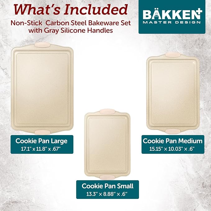 BAKKEN Cookie Sheets for Baking Nonstick Set - 3-Piece Stackable Carbon Steel Baking Sheet Pans Set with Silicone Handles, Non Toxic Cookie Sheets for Baking Bakeware Set - White Marble