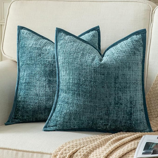 Yaertun Pack of 2 Chenille Textured Decorative Throw Pillow Covers Accent Solid Cushion Cover Soft Cozy Pillow Case with Velvet Back for Couch Sofa Bed Living Room 22x22 Inch Lake Blue