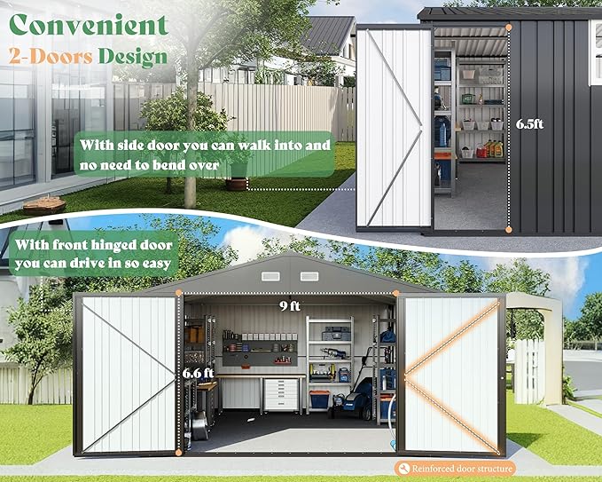 AMERLIFE 13x21x8.4 FT Outdoor Metal Garage Shed, Extra Large Storage Shed with Double Hinged Doors, 4 Windows, Carport for Car, Truck, Bicycle and Lawn Equipment, Dark Gray
