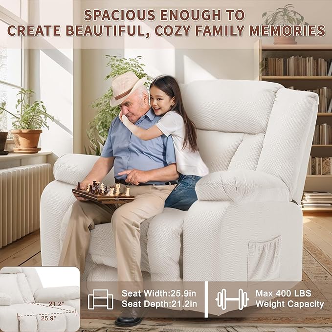 Oversized Dual Motor Power Lift Recliner for Adults, Electric Lift Chair with Heating and Massage, Waffle Fabric Electric Recliner Chair with Side Pockets, Wide Recliner for Living Room