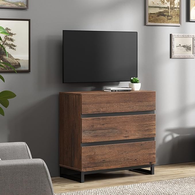 WAMPAT Modern TV Stand for TVs up to 42 inch, Entertainment Center TV Console with 3 Drawers and Metal Base, Media Console for Living Room, Bedroom, Brown