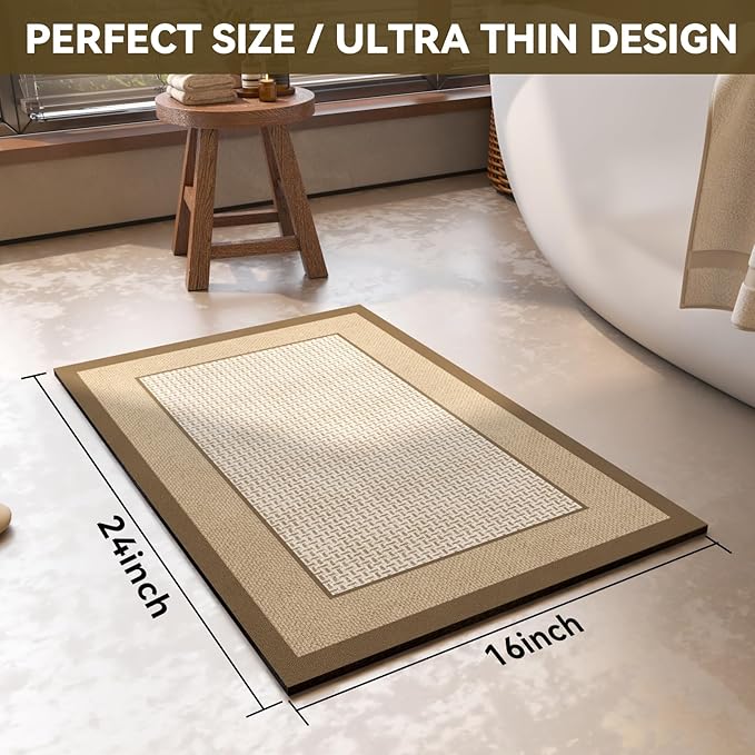 Non Slip Thin Bath Mat Bathroom Rugs, Rubber Backing Ultra Thin Bathroom Rug Fit Under Door, Quick Dry Super Absorbent Washable Shower Bath Mats, Khaki 16x24