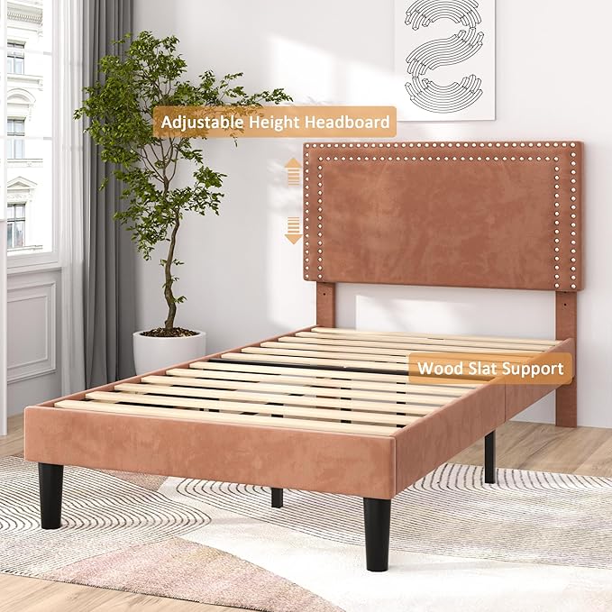 VECELO Twin Size Platform Bed Frame with Adjustable Upholstered Headboard, Strong Wood Slat Support, No Box Spring Needed, Easy Assembly