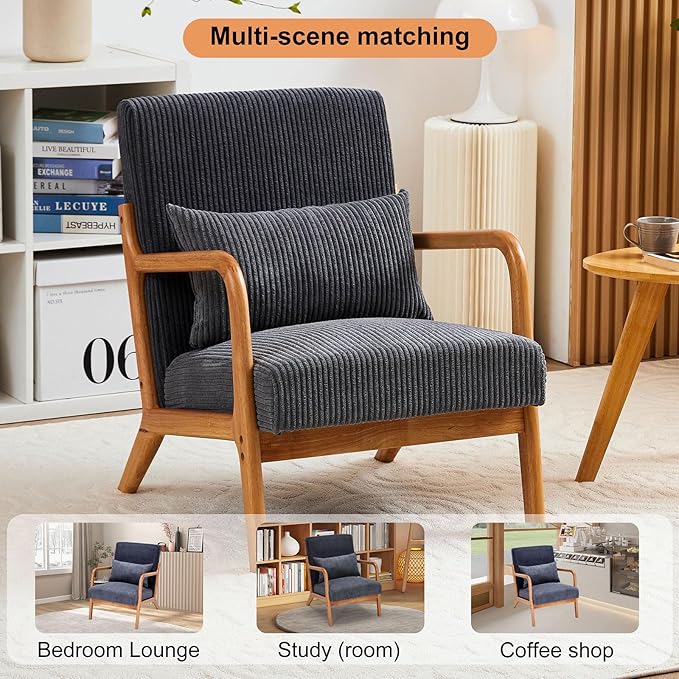 IKIFLY Mid Century Modern Accent Chair with Pillow, Upholstered Lounge Armchair with Solid Wood Frame, Reading Chair with Lumbar Cushion for Living Room, Office, Reading Room, Bedroom - Dark Grey