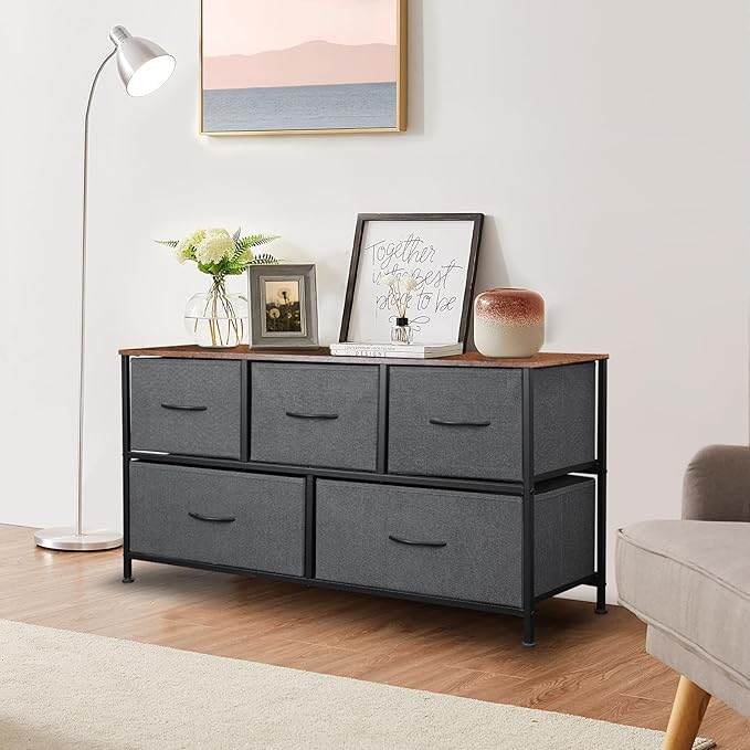 Dresser for Bedroom with 5 Drawers, Chest of Drawers, Storage Drawers Organizer Unit, Grey Wide Fabric Dresser with Fabric Bins for Closet, Living Room, Bedroom (Grey and Rustic Brown)