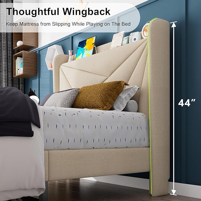 Feonase Twin Size Bed Frame with Charging Station, Upholstered Linen Platform Bed Frame with Wingback Headboard, Solid Wood Slats Support, No Box Spring Needed, Noise Free, Beige