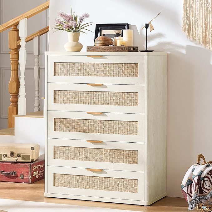 LEYAOYAO Rattan Dresser for Bedroom Set 2, 41" Tall Chest of Drawers, Modern 5 Drawers Boho Dressers with Storage, Light Oak Dresser Wooden Closet Organizer for Living Room, Hallway, Natural Wood
