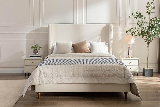 GDFStudio Tall Headboard Upholstered Bed,Queen Size Platform Bed Frame with Headboard Wingback,54" High No Box Spring Needed Easy Assembly Elegant Simplicity Ivory Boucle
