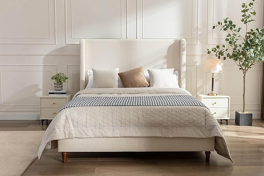 GDFStudio Tall Headboard Upholstered Bed,Queen Size Platform Bed Frame with Headboard Wingback,54" High No Box Spring Needed Easy Assembly Elegant Simplicity Ivory Boucle