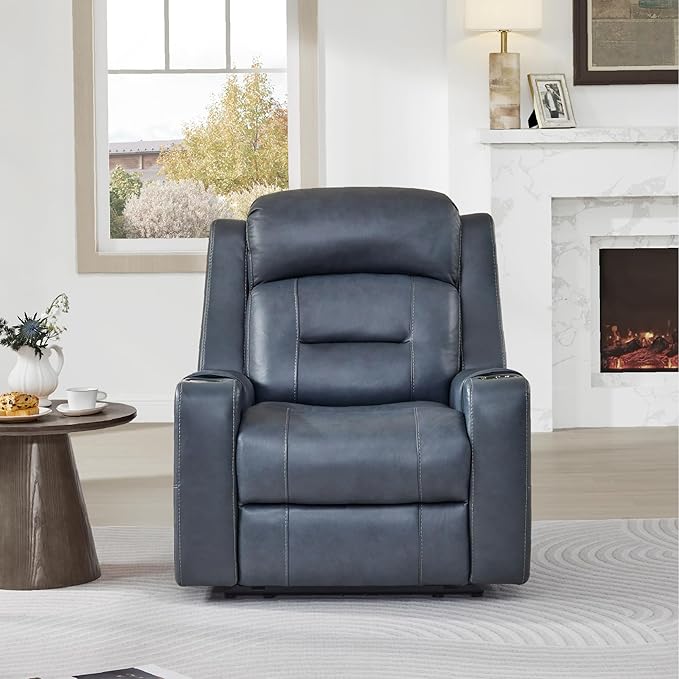 Watson & Whitely Genuine Leather Power Recliner Chairs for Adults, Lay Flat Recliner with Power Headrest, USB Ports and Cup Holders, Electric Reclining Sofa for Living Room, Bedroom, Navy