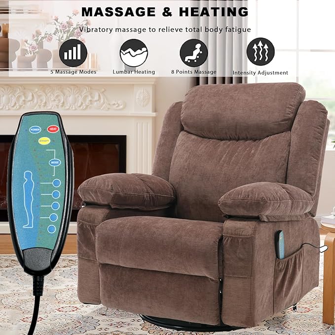 Overstuffed Rocker Recliner Chair with Massage and Heat, Oversized Reclining Swivel Single Sofa, Fabric Rocking Manual Home Theater Recliners Lounge Chairs for Adults Living Room
