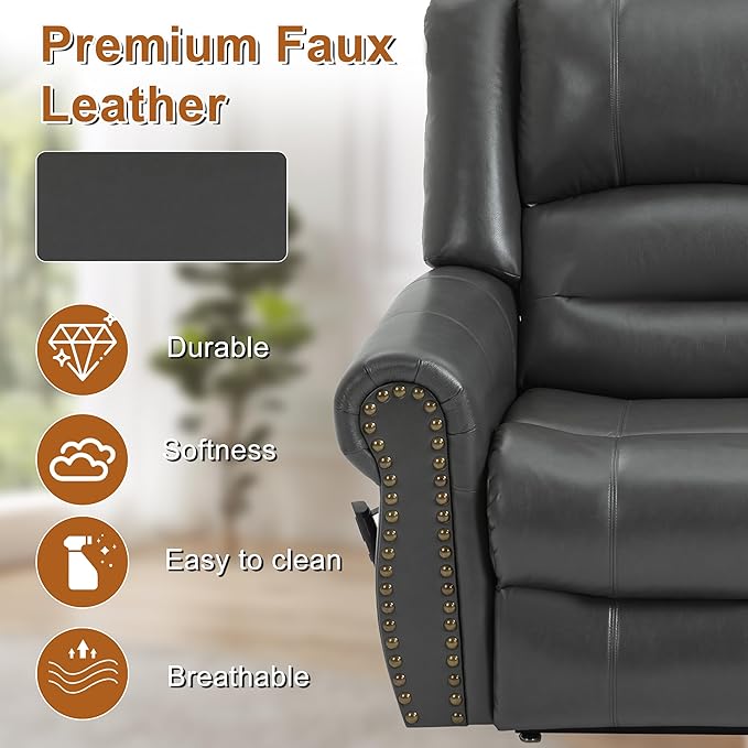 Power Lift Recliner Chair for Elderly, Dual Motor Massage Recliner with Lumbar Heat, Heavy Duty Motion Mechanism Lift Chair with Charge Ports, Faux Leather - Gray