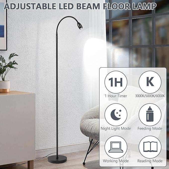 Reading Floor Lamp, 72" Tall LED Lamp with Flexible Gooseneck, Dimmable Zoomable Spotlight, Adjustable Color Beam Standing Lamp, Touch & Remote Control, Task Craft Bedroom Living Room, Matte Black