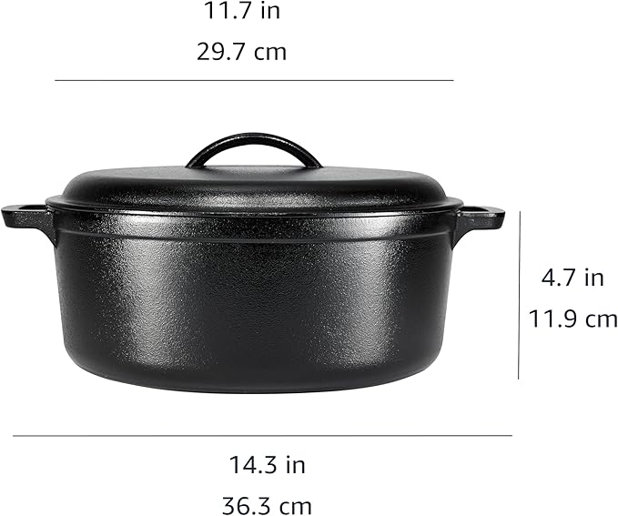 Amazon Basics Round Pre-Seasoned Cast Iron Dutch Oven Pot with Lid and Dual Handles, Heavy-Duty & Large, 7-Quart, Black