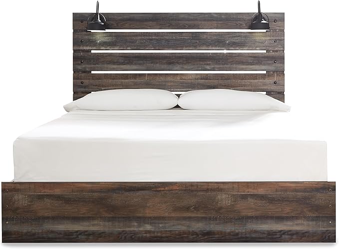 Signature Design by Ashley Drystan Rustic King Panel Bed with Sconce LED Lights, USB Ports and Nailheads, Foundation or Box Spring Needed, Dark Brown & Gray