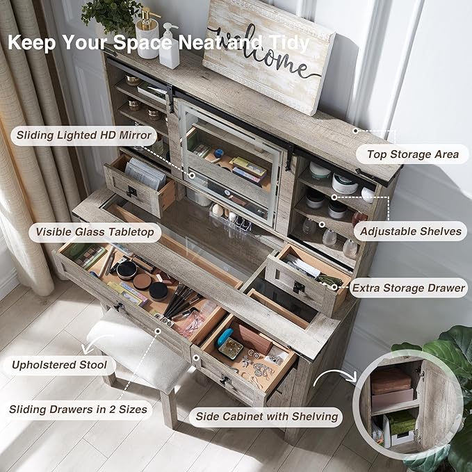 T4TREAM Farmhouse Makeup Vanity Desk with Sliding Mirror and Lights, 42'' Glass Tabletop Vanity Table with 2 Drawers & Shelves, Rustic Big Vanity Set for Bedroom, Light Rustic Oak