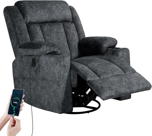 LEVELEVE Retro Rocking Recliner Chair, Massage Rocker Recliner Chair with Vibration Massage and Heat, USB and Type-C Ports,360° Swivel Chairs,Living Room, Bedroom, Nursery, RV, Dark Grey