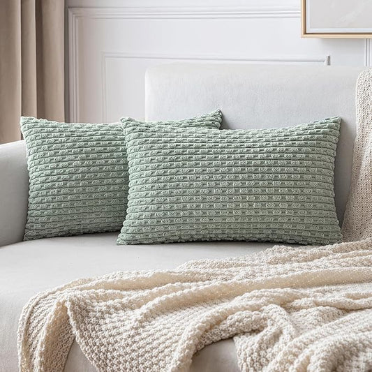 MIULEE Throw Pillow Covers Soft Corduroy Decorative Set of 2 Boho Striped Pillow Covers Pillowcases Farmhouse Home Decor for Couch Bed Sofa Living Room Spring 12x20 Inch Greyish Green