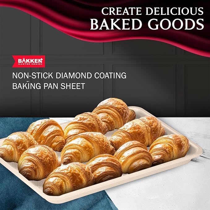 BAKKEN Kitchen Baking Pans - Nonstick White Coating, 13.58’’ × 9.65’’ Commercial Grade Carbon Steel Cookie Sheet, Diamond Texture Bottom, PFOA, PFOS, PTFE Free, Oven Safe Tray (450°F), White Marble