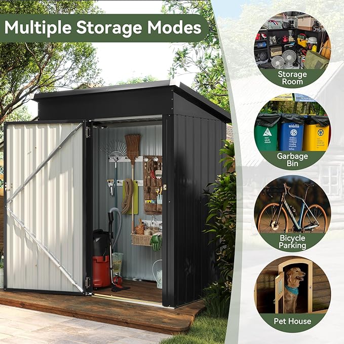 Aoxun 5x3FT Outdoor Shed Metal Storage Shed with Single Slooping Roof Lockable Door Steel Utility Tool Shed Outdoor Storage Garden Shed for Backyard Garden Patio Lawn, Black