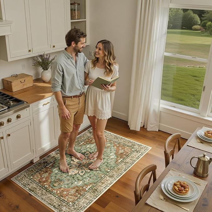 Area Rugs 3'x5' Washable Non-Slip, Floral Vintage Distress Print Pattern Medallion Carpet for Living Room Bedroom Dining Room, Brick Red Rust Neutral Brown Burnt Orange Green