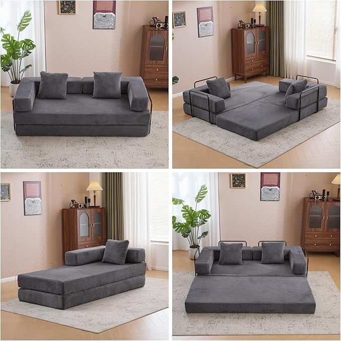Convertible Sofa Bed, Compression Futon Sofa with Pillows & Armrest, Foldable Mattress Couch with Fixed-Shape Frame, Comfy Couch Lounge Sleeper Bed for Living Room Bedroom, Dark Gray