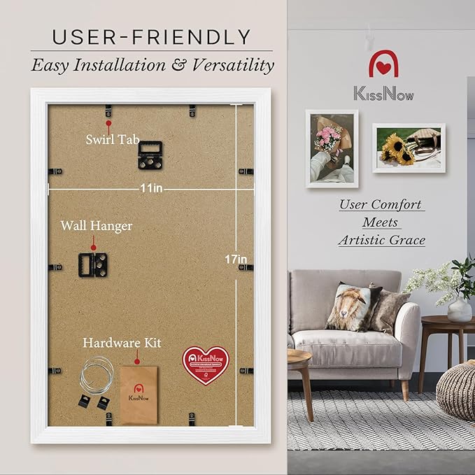 11x17 Picture Frame 4 Pack, Textured White Solid Wood, Wall Gallery Poster Frame