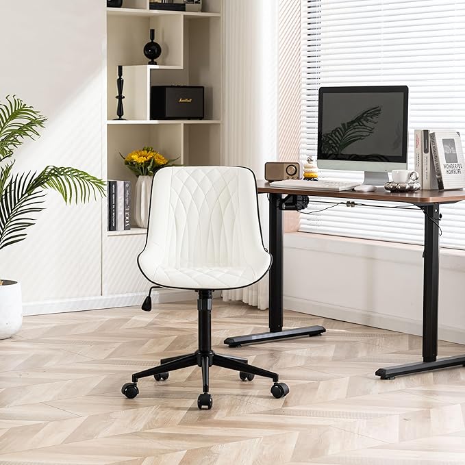YOUNIKE White Ergonomic Home Office Desk Chair No Arms Comfy Small Criss Cross Chair with Wheels Swivel Adjustable Modern Vanity Chair with Back Armless Cute Leather Upholstered Rolling Task Chair