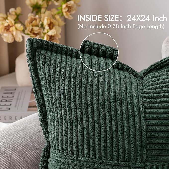 MIULEE Christmas Decorative Euro Sham Throw Pillow Covers for Couch Bed Livingroom 24x24 Inch Set of 2 Dark Green Boho Accent Throw Pllows Broadside Striped Patchwork Soft Corduroy Pillowcases